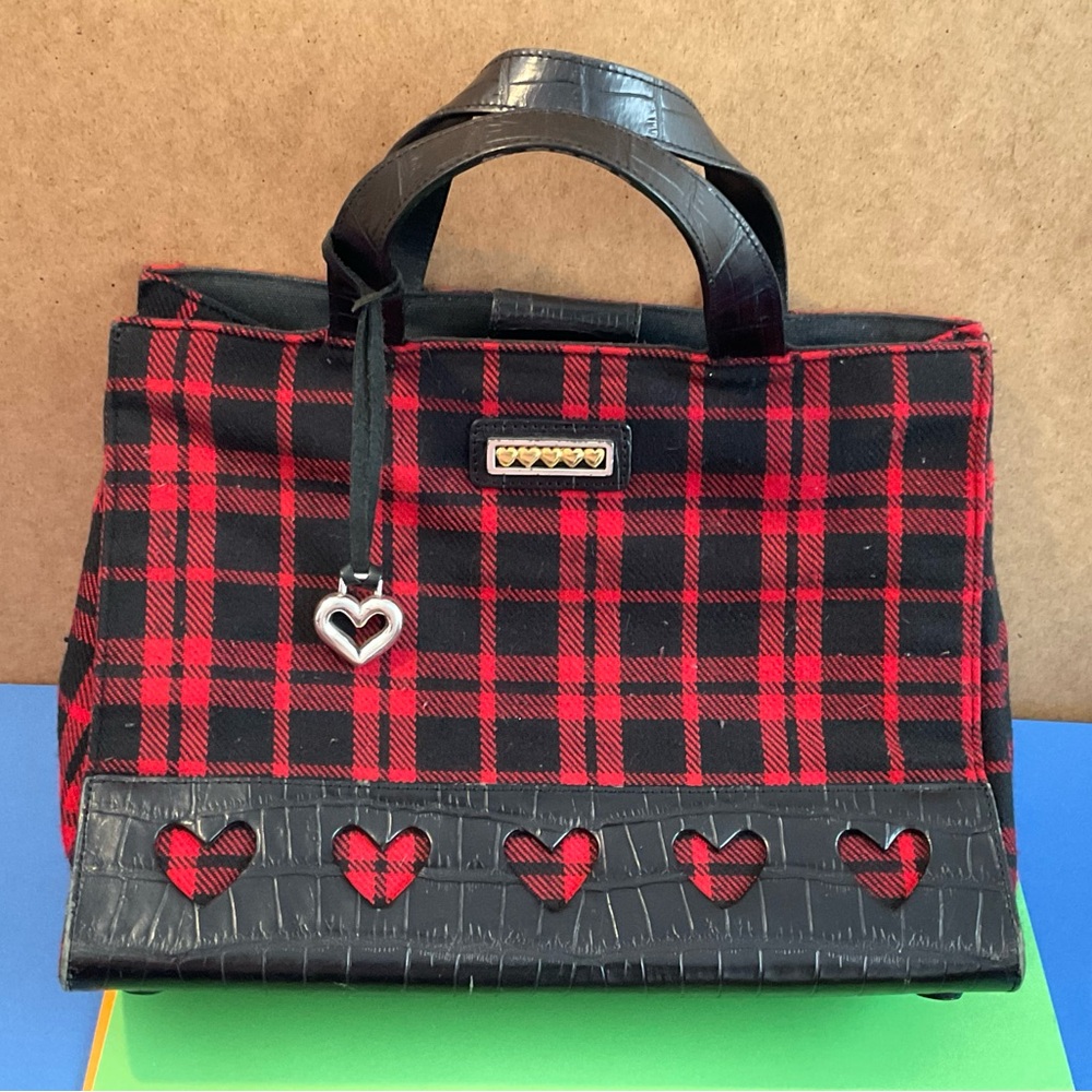 Brighton Satchel Red Black Plaid Heart Trim Handbag EUC